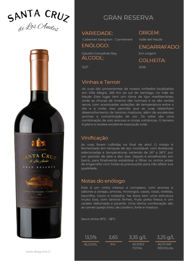 Vinho Santa Cruz de los Andes GRAN RESERVA Cabernet Savignon - Carmenere - Imagem 3